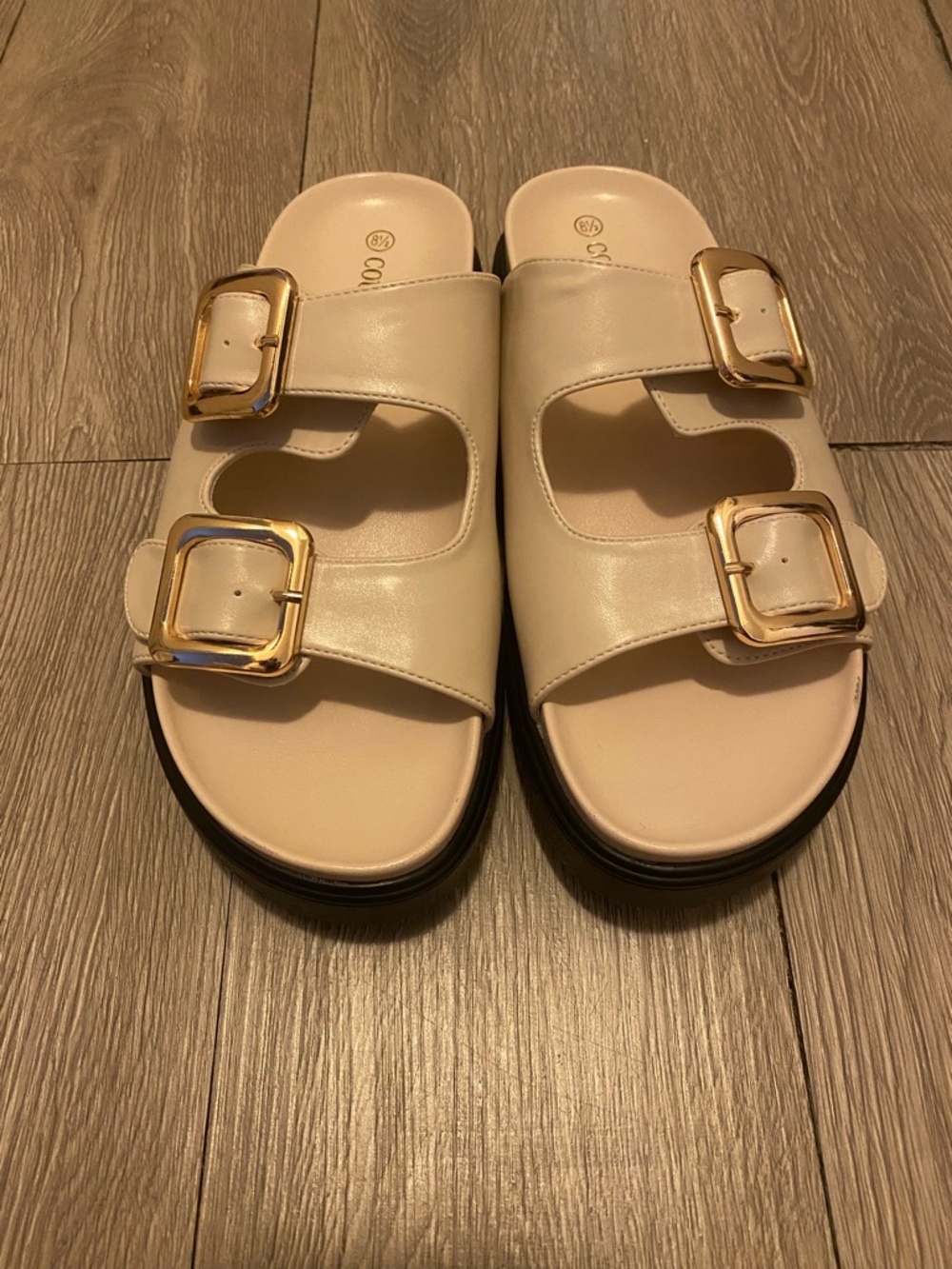 Women's Cream Double-Buckle Slide Sandals with Gold Buckles